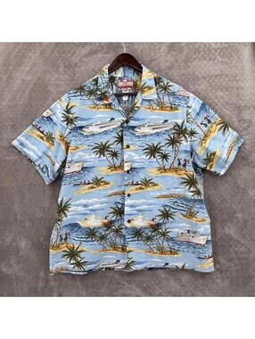 RJC Shirt Mens 2XL Blue Cruise Ship Hawaiian Aloha Short Sleeve Button Up Casual